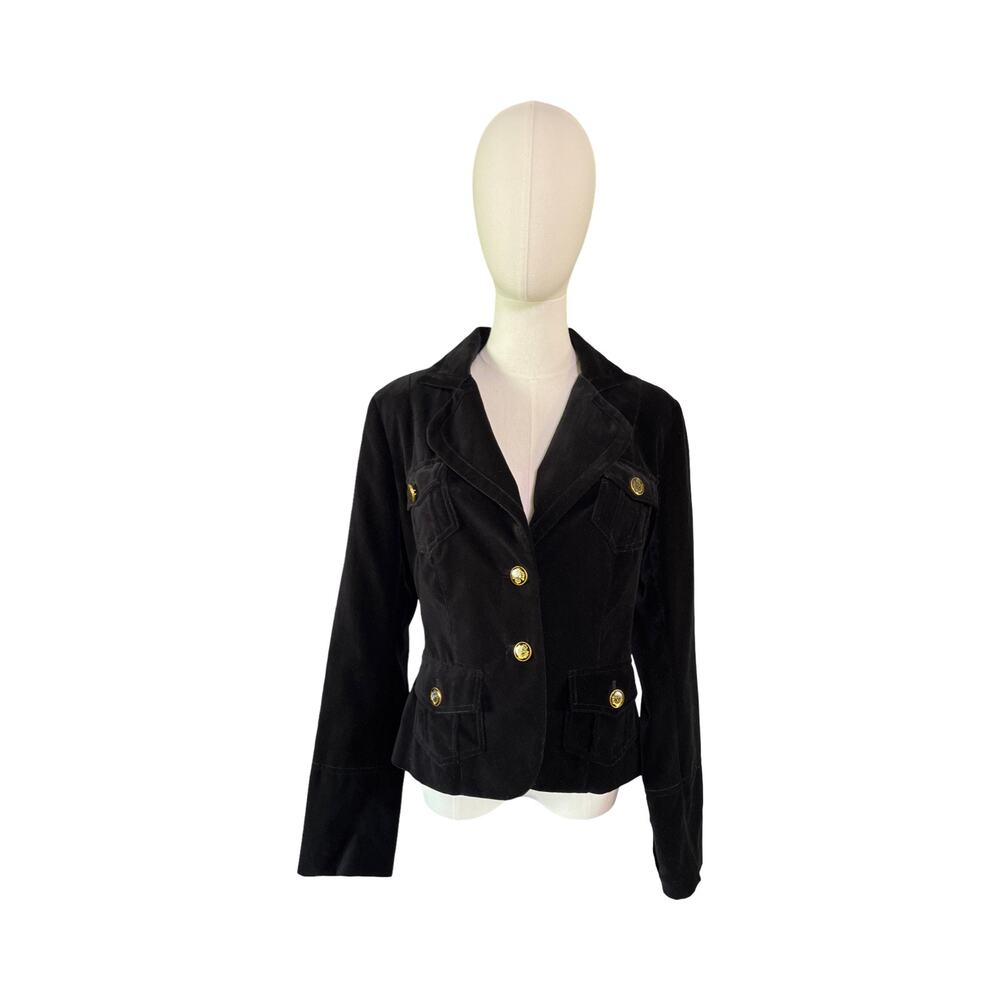 Twentyone Black Velvet Blazer Gold Crest Buttons Women’s Size L Elegant Jacket